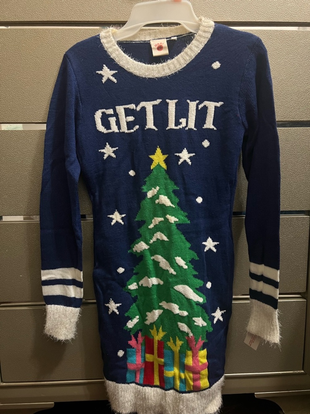 Festive 'Get Lit' Navy Crewneck Sweater Dress - Holiday Tree Motif